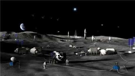 Peisaj lunar cu baze și echipamente pentru explorare.