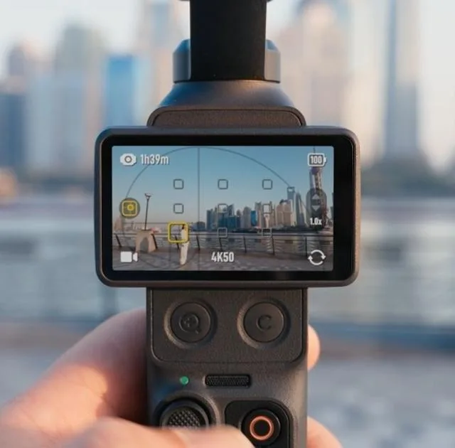 Dispozitiv compact pentru vlogging, cu ecran și control intuitiv.