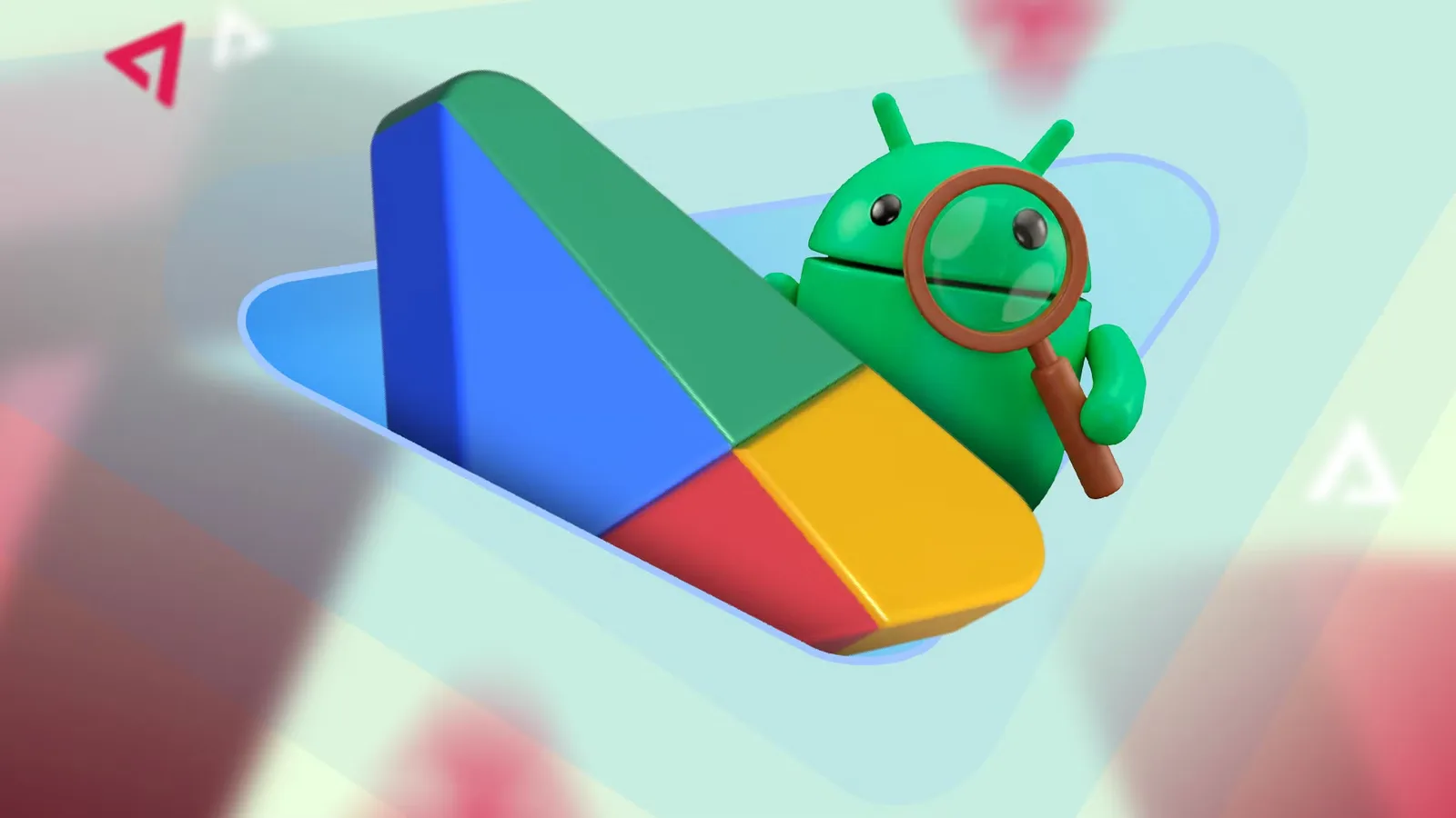 Logo-ul Play Store cu un personaj Android care examinează resursele.