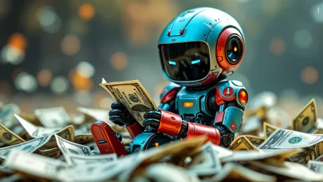 Un robot stând pe bani, simbolizând cheltuielile mari cu AI.