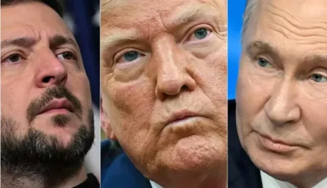 Vladimir Putin, Donald Trump și Volodimir Zelenski în prim-plan.