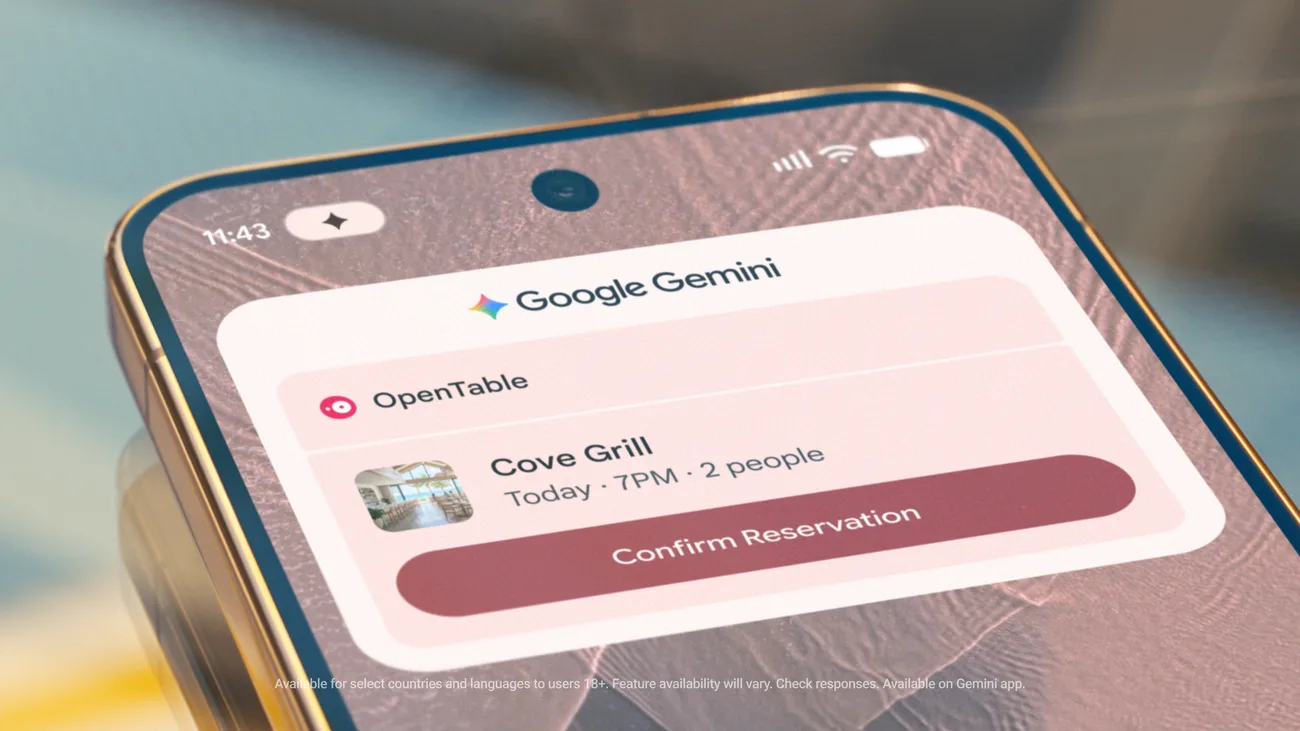 Ecranul Pixel 11 arată o rezervare la restaurant cu opțiunea de confirmare.