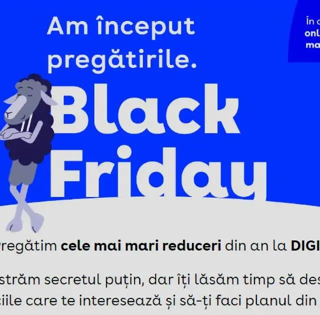 Anunț despre reducerile DIGI pentru Black Friday 2026, cu un leu simbolic.