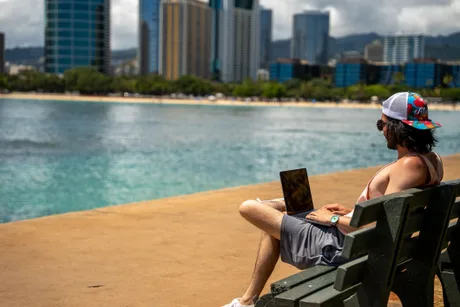 Tânăr lucrând pe laptop lângă apă, admirând peisajul urban.