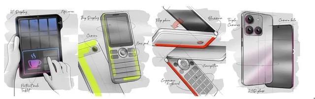 Schițe de design pentru telefoane mobile și terminale de plată inovatoare.