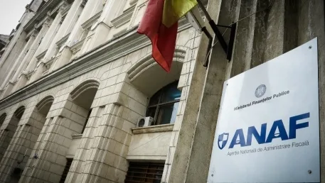 Sediul ANAF cu steagul României la intrare, simbol al administrației fiscale.