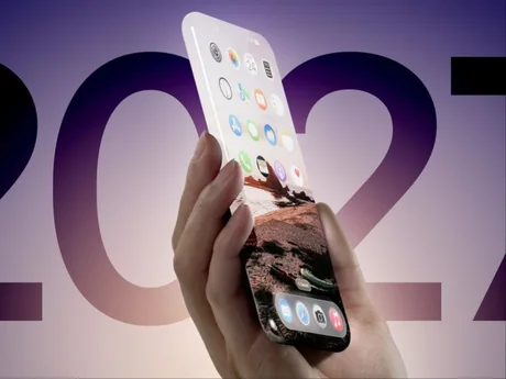 Concept de iPhone cu margini curbate și ecran complet, fără decupaje vizibile.