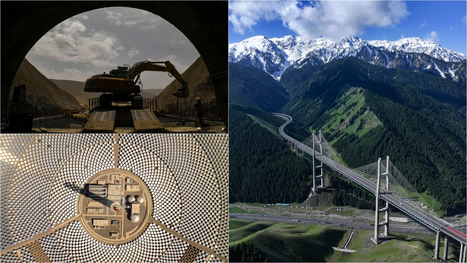 Peisaje montane din Tibet și Xinjiang, evidențiind infrastructura modernă și dezvoltarea economică.