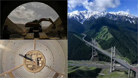 Peisaje montane din Tibet și Xinjiang, evidențiind infrastructura modernă și dezvoltarea economică.