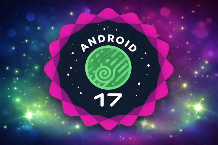 Logo Android 17 pe un fundal colorat și strălucitor.