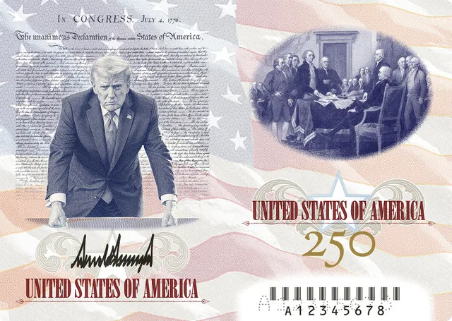 Pașaport aniversar al SUA cu imaginea lui Donald Trump și Declarația de Independență.
