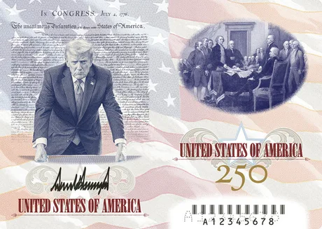 Pașaport aniversar al SUA cu imaginea lui Donald Trump și Declarația de Independență.