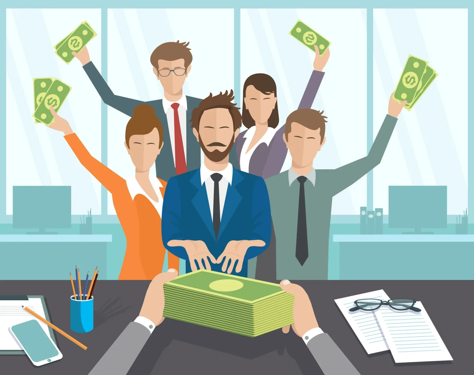 Grup de oameni fericiți cu bani, simbolizând creșterea salariilor în România.