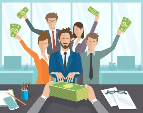 Grup de oameni fericiți cu bani, simbolizând creșterea salariilor în România.