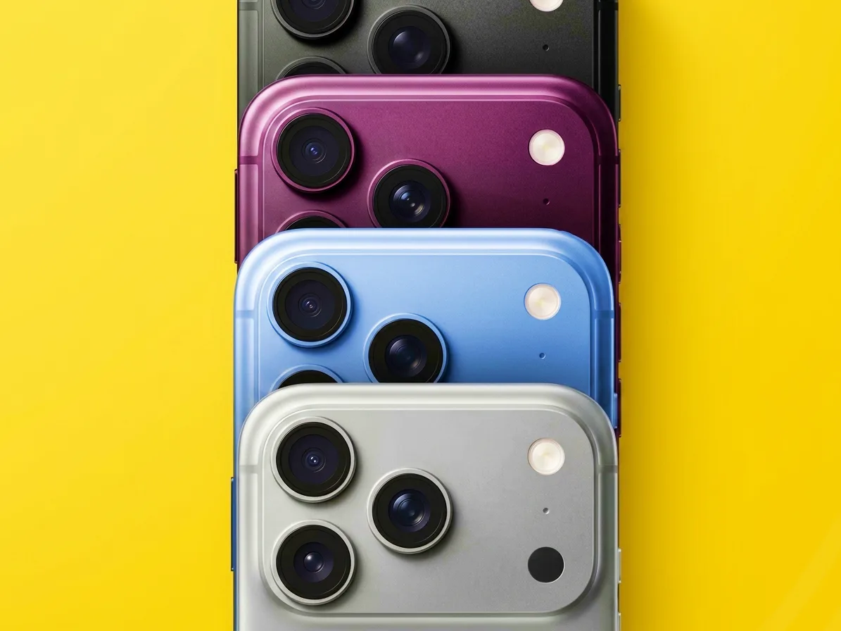 Modele de telefoane cu camere multiple pe fundal galben.