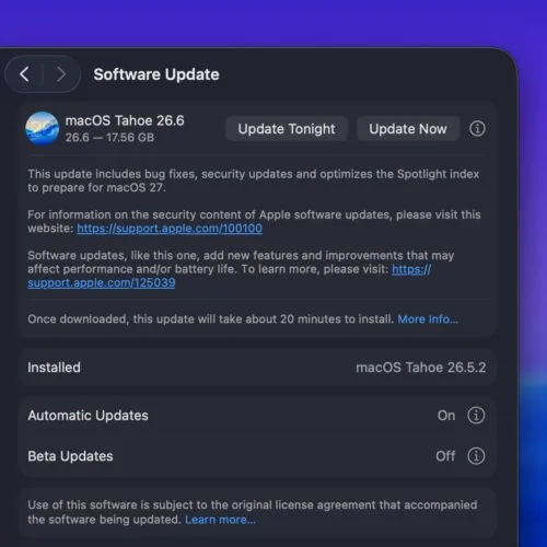 Actualizare software pentru macOS 26.6 cu remedieri de securitate importante.