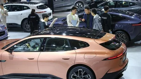 Vizitatori discutând despre vehicule electrificate la un târg auto din China.