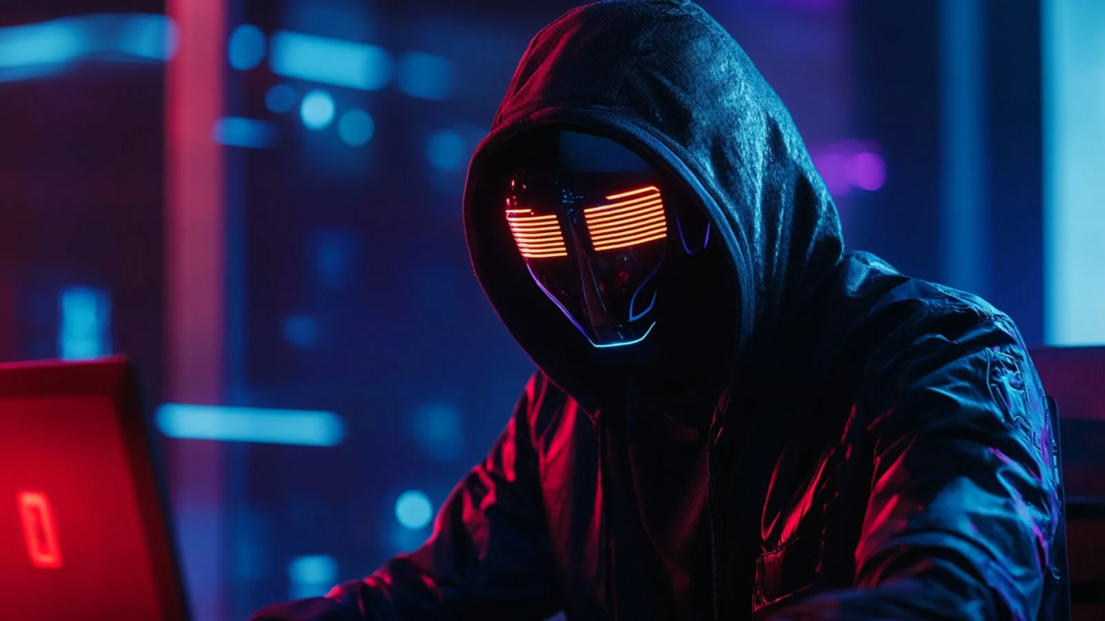 Un hacker mascat lucrează la un computer în lumină albastră și roșie.