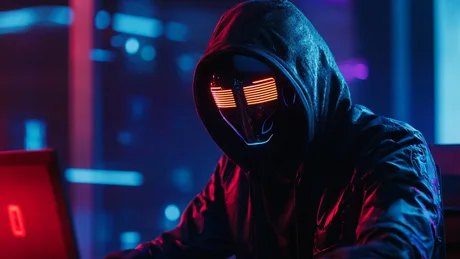 Un hacker mascat lucrează la un computer în lumină albastră și roșie.