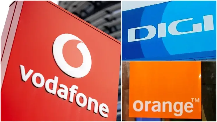 Logo-urile operatorilor de telecomunicații Vodafone, Digi și Orange.