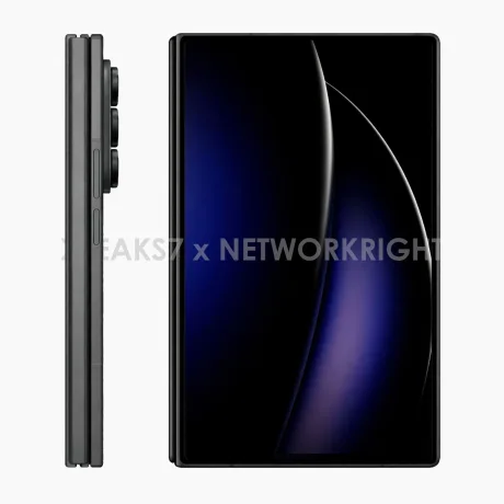Telefon pliabil Samsung cu design inovator și trei ecrane, în poziție deschisă.