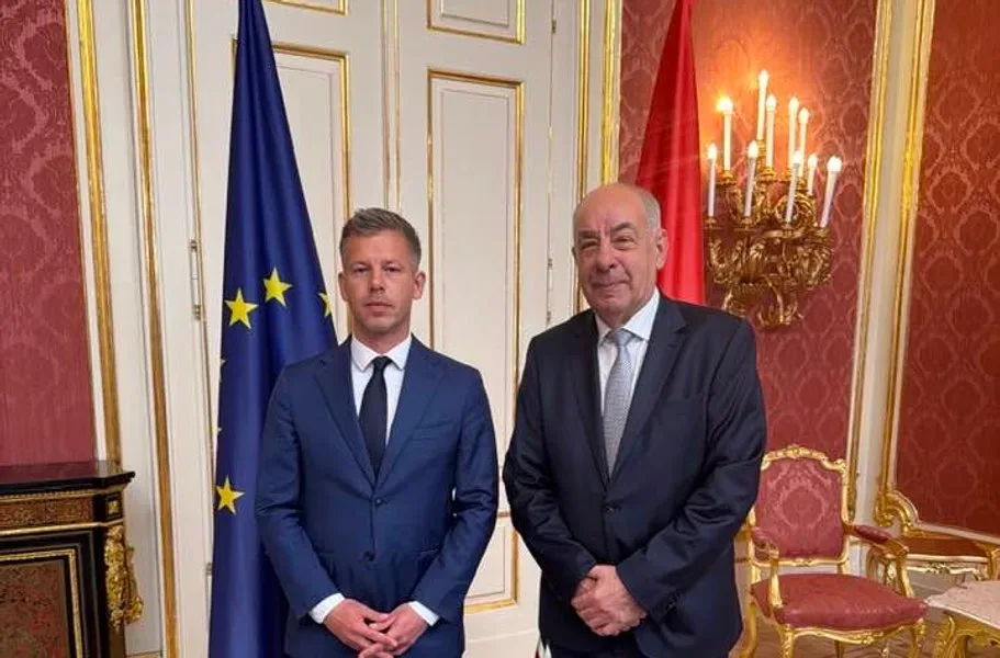 Péter Magyar și un oficial în fața drapelului UE.