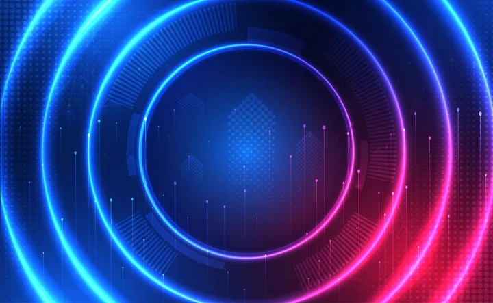 Grafica abstractă cu cercuri luminoase în nuanțe de albastru și roșu.