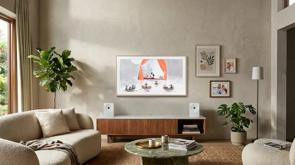 Televizorul The Frame integrat armonios în decorul unei camere moderne.