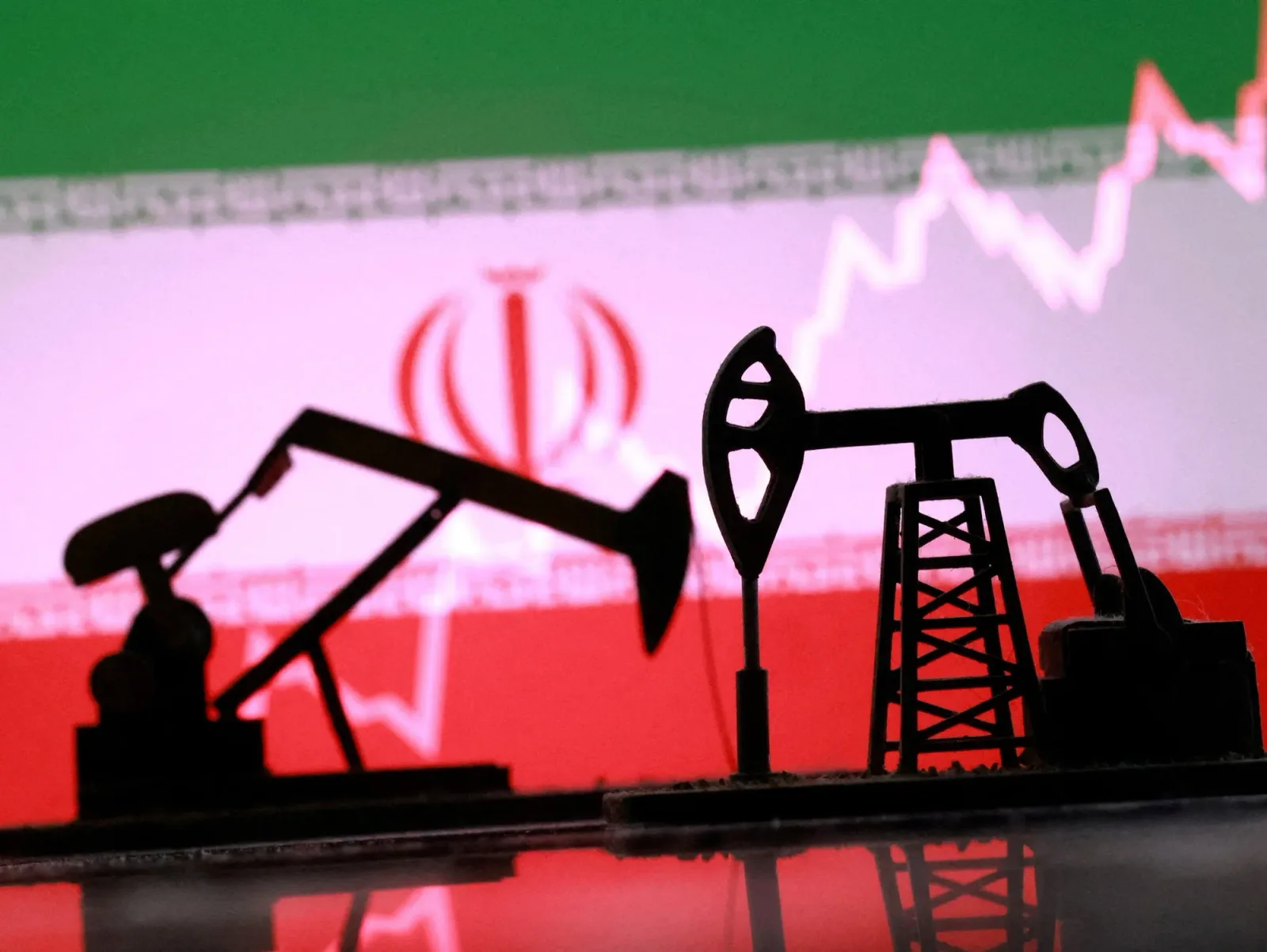 Silhouette de pompe de petrol pe fundalul steagului iranian.