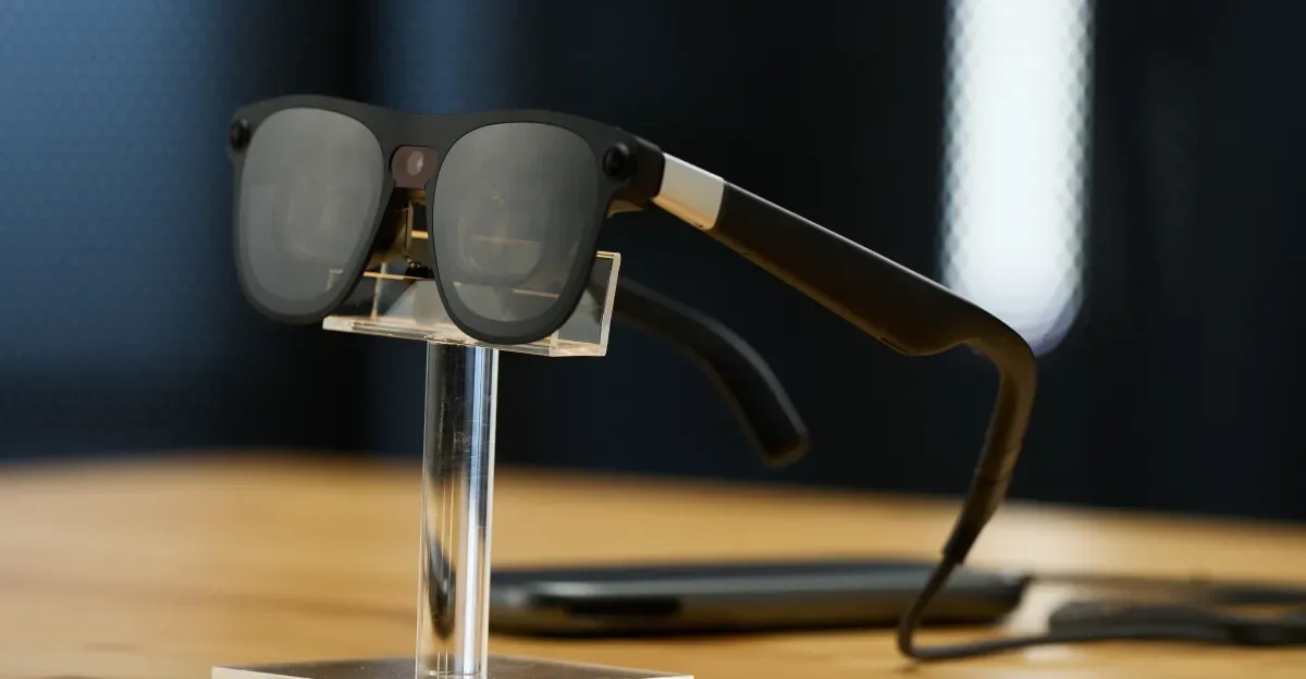 Ochelari moderni Xreal Aura, cu design elegant și tehnologie avansată.