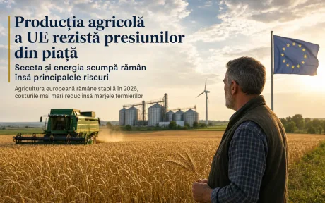 Fermier observând câmpurile de cereale în fața unui peisaj agricol european.
