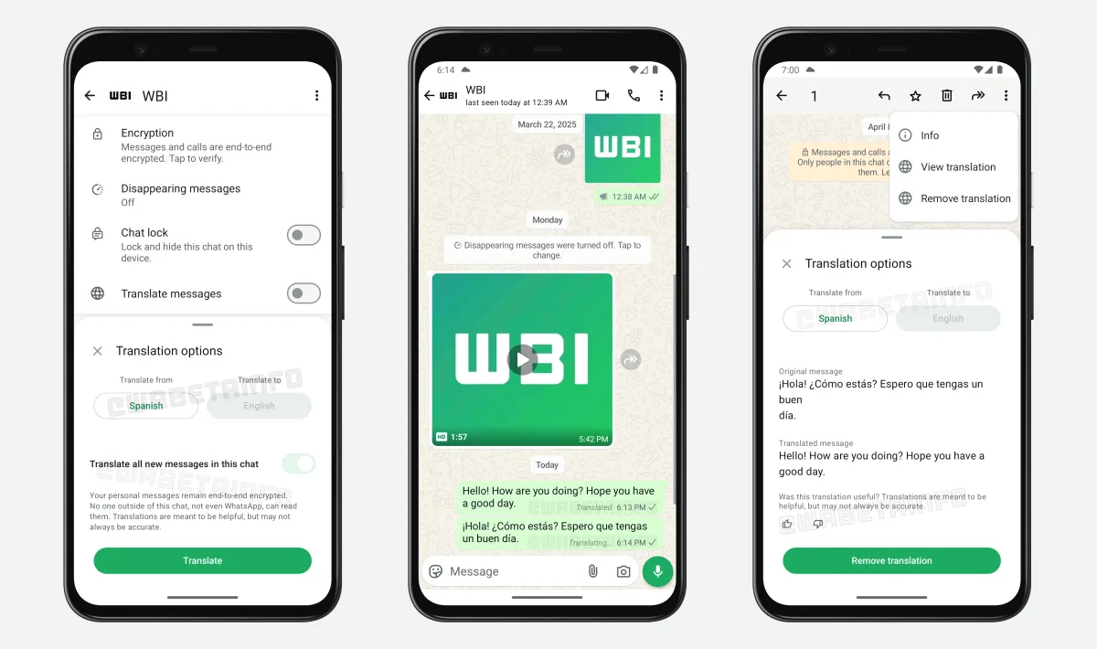 Interfața WhatsApp cu opțiunea de traducere activată.