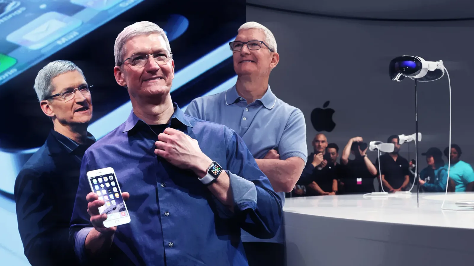Tim Cook prezentând un iPhone pe scenă la un eveniment Apple.