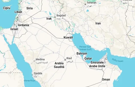 Harta regiunii Golfului, evidențiind Kuweit și Qatar, în contextul atacurilor recente.