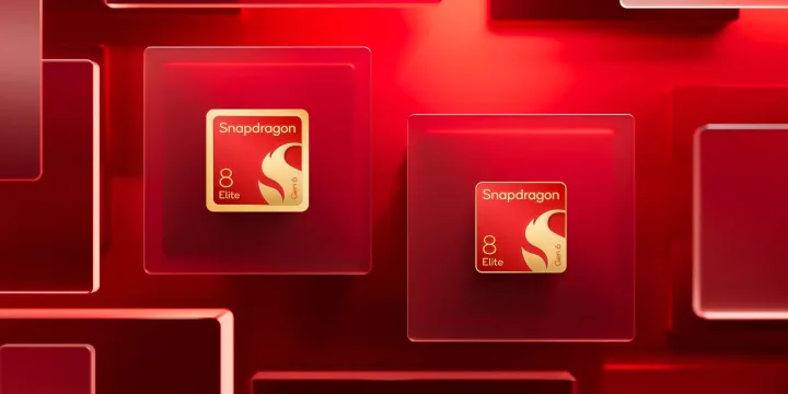 Cipuri Snapdragon 8 Elite Gen 6 și Extreme Gen 6 pe fundal roșu.