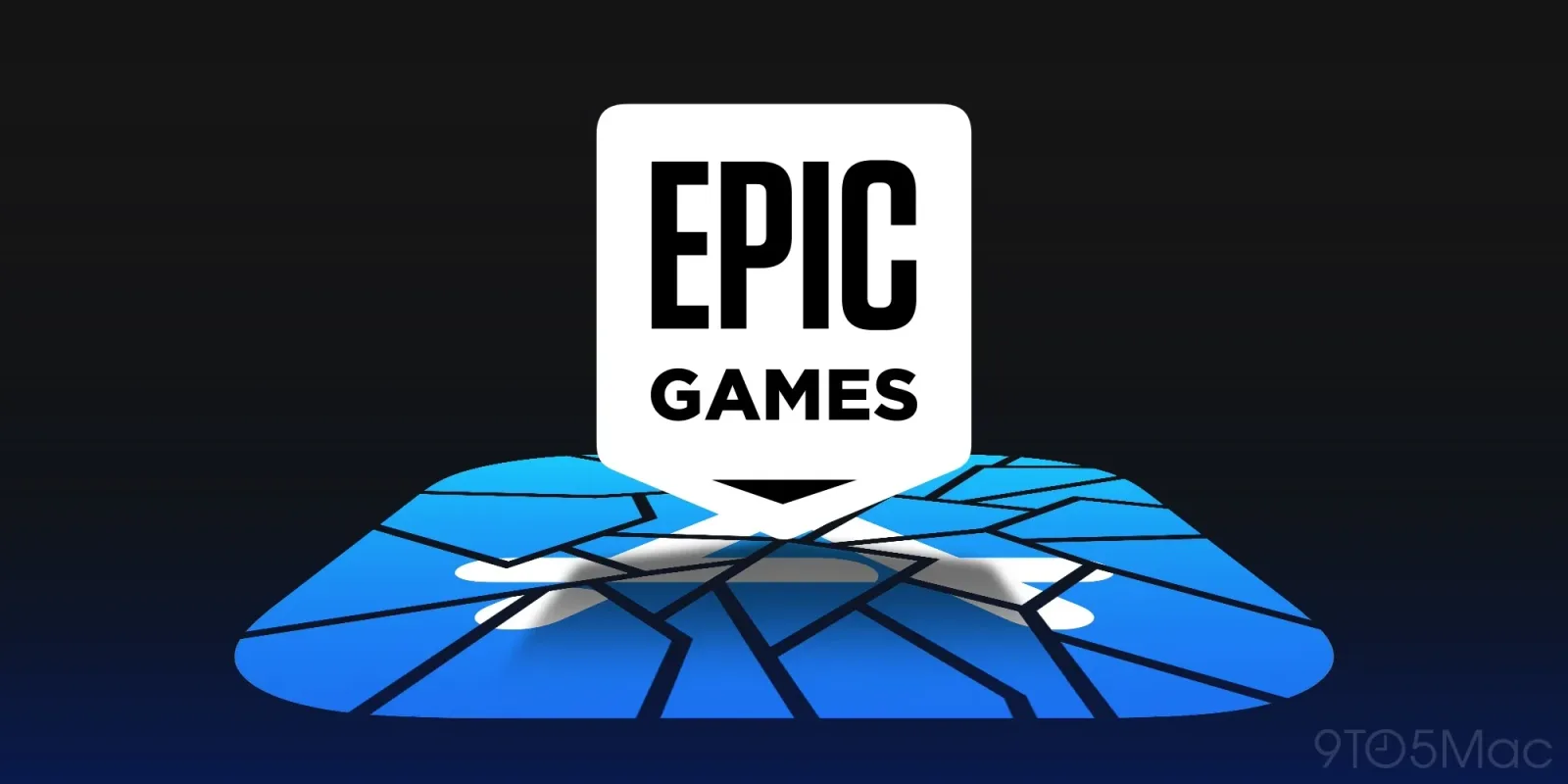 Logo-ul Epic Games pe un fundal albastru fracturat.