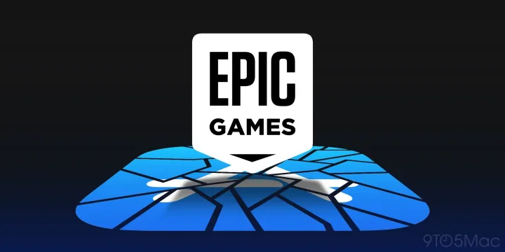 Logo-ul Epic Games pe un fundal albastru fracturat.