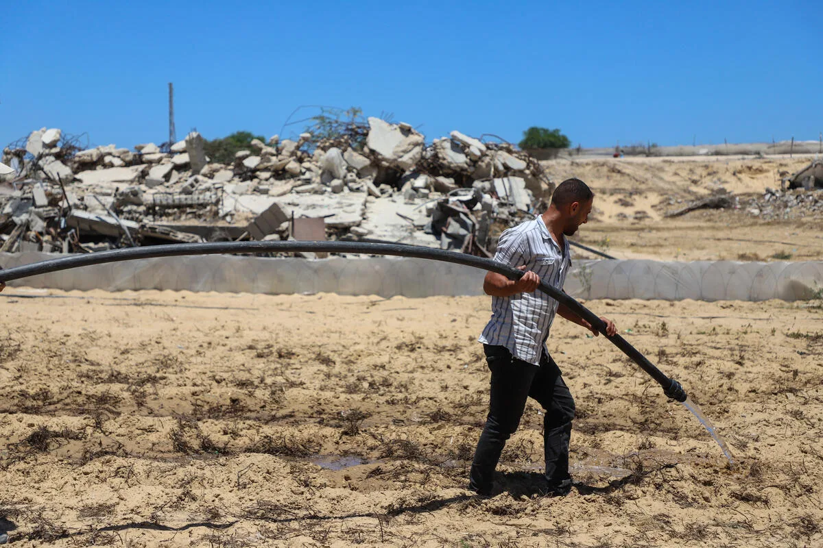 Un agricultor lucrează pe un teren afectat, cu ruine în fundal.