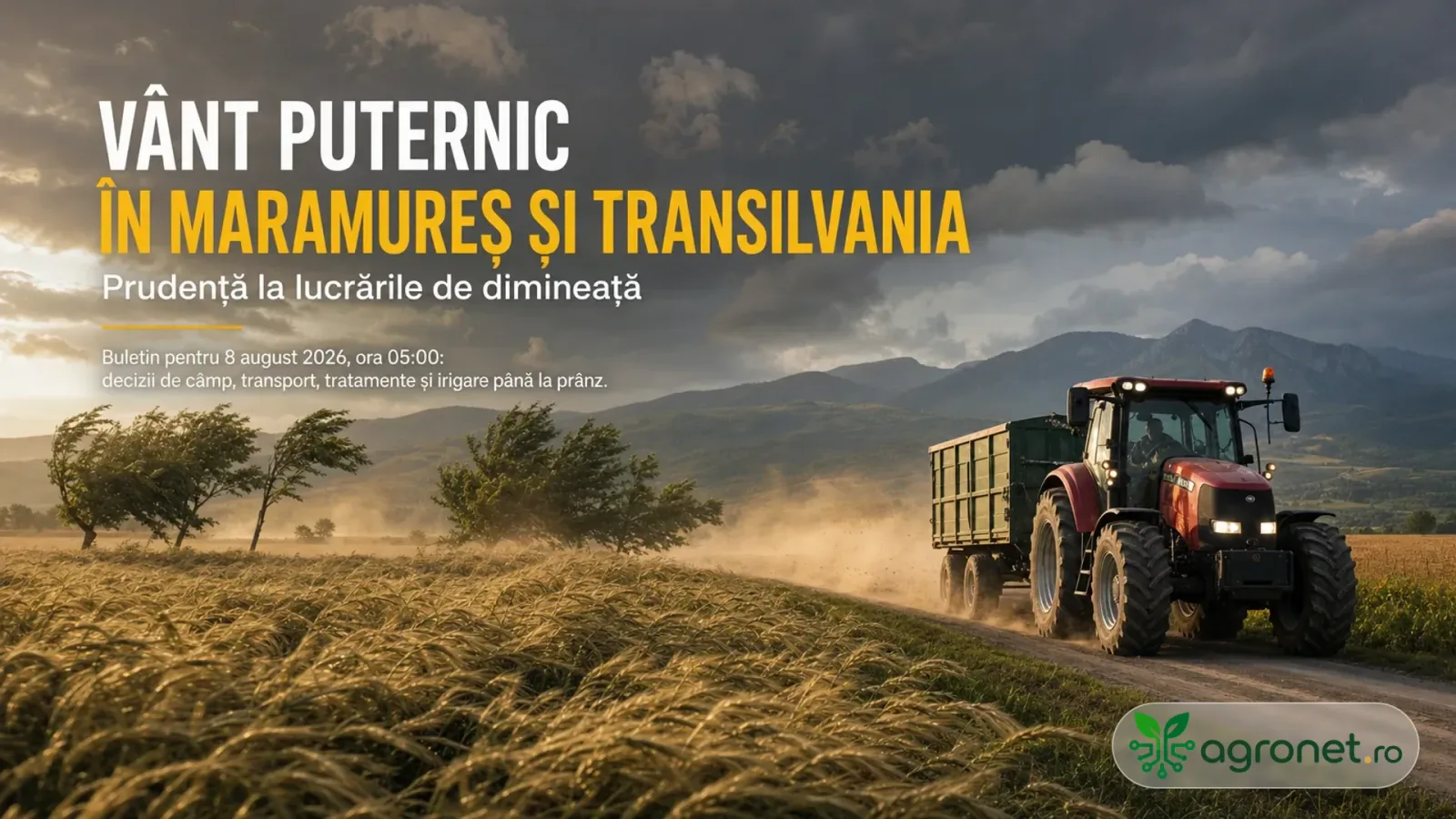 Peisaj agricol în Maramureș, cu un tractor pe un drum de țară.