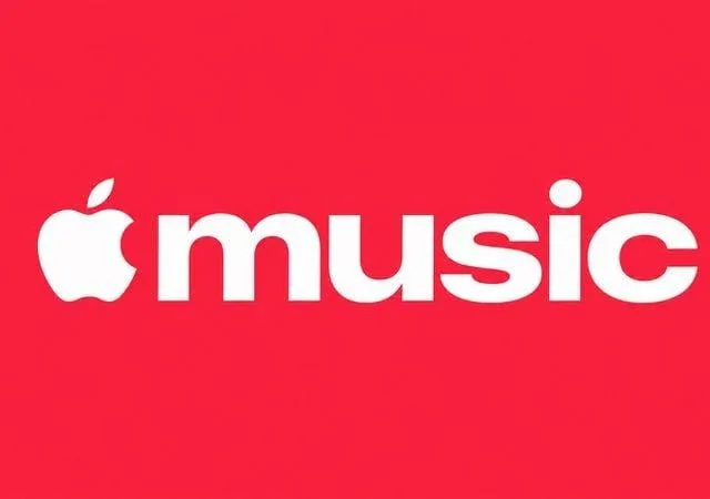 Noul logo Apple Music pe fundal roșu vibrant.