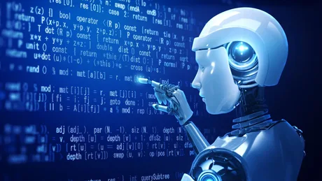 Robot interacționând cu coduri pe un ecran digital.