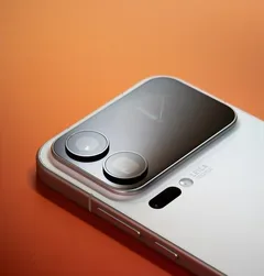 Detaliu al camerei unui smartphone cu lentile mari pe un fundal portocaliu.