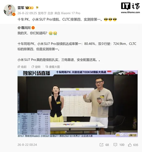 Xiaomi SU7 Pro a demonstrat o autonomie remarcabilă în testele reale de 700 km.