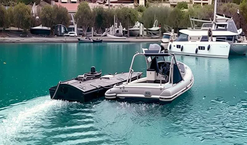 Dronă maritimă în apă, cu motorul în funcțiune, în port mic.
