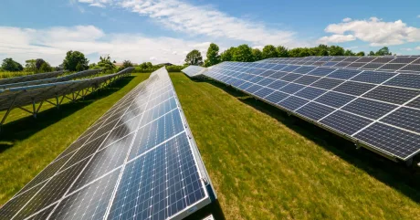 Sisteme fotovoltaice instalate pe un teren verde, sub un cer senin.