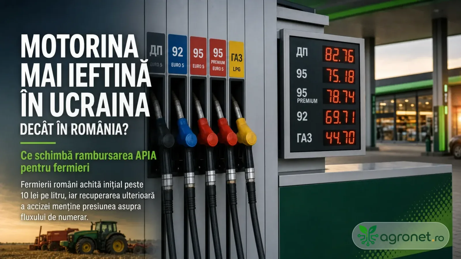 Prețul motorinei în România comparat cu cel din Ucraina, evidențiind costurile pentru fermieri.