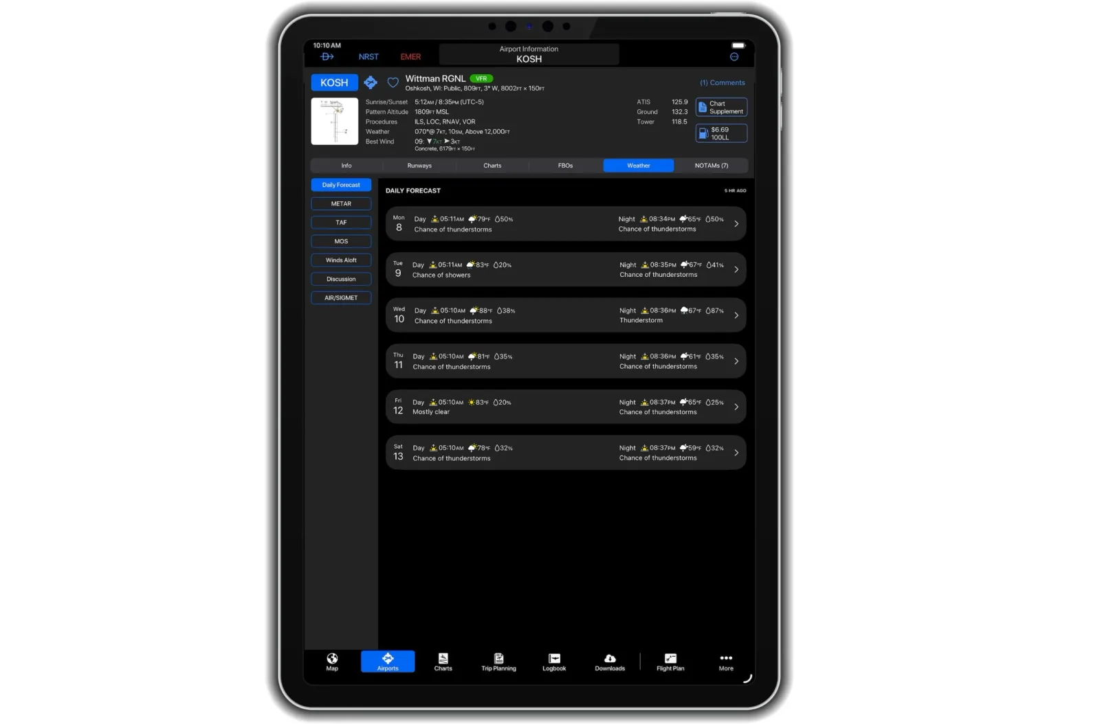 Interfața actualizată a aplicației Garmin Pilot pe un dispozitiv mobil.