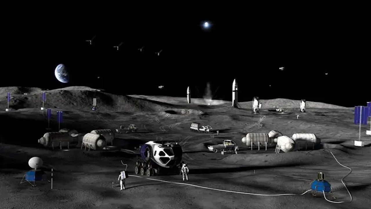 Viziune artistică a unei baze lunare cu astronauți și vehicule de explorare.