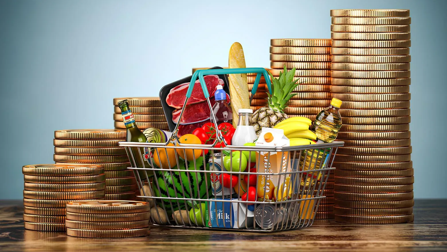 Coș de cumpărături plin cu produse diverse și monede de aur în fundal.