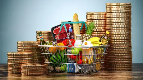 Coș de cumpărături plin cu produse diverse și monede de aur în fundal.
